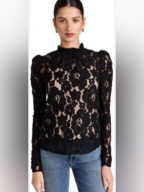 Wayf Black Floral Lace High-Neck Blouse